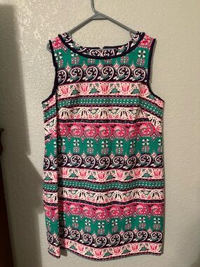 Talbots Sleeveless Printed Shift Dress in Teal & Pink - size 18